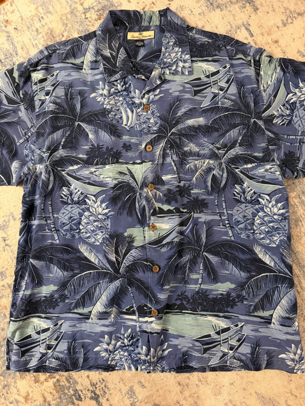 Tommy Bahama Silk Hawaiian Shirt Blue Tropical Palm Print Men’s L Vacation Beach